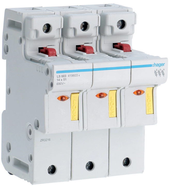 Держатель предохранителей Hager LS603, 3P 50A L51 acc., 4.5М