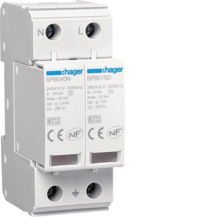 Устройство защиты от перенапряжения Hager SPB215, Тип 2, 2P, 15kA TN-S/TT с удаленным контактом