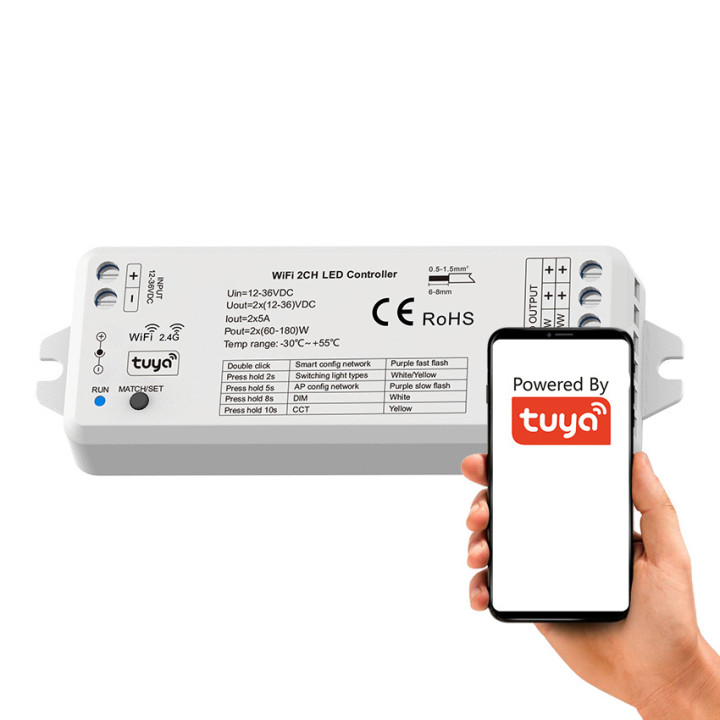 Tuya SD Series WiFi + RF LED Controller MONO CCT 2x5A 12-36V 5906203621750