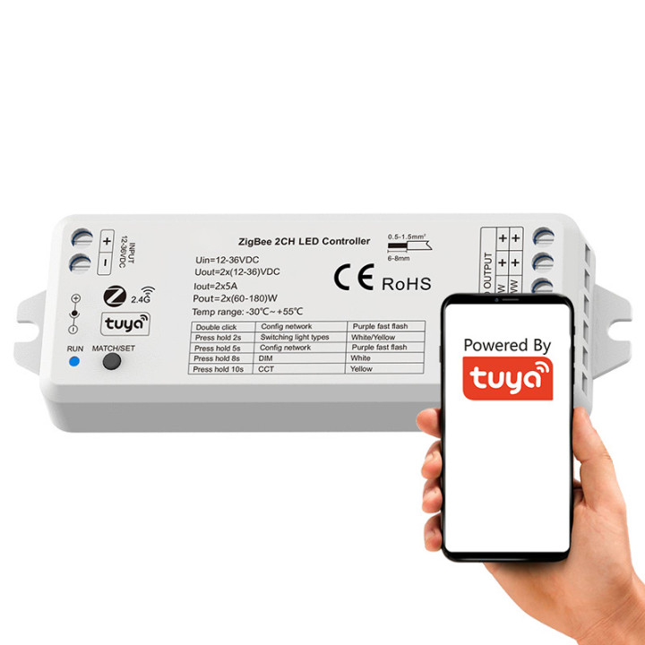 Tuya SD Series ZigBee + RF LED Controller MONO CCT 2x5A 12-36V