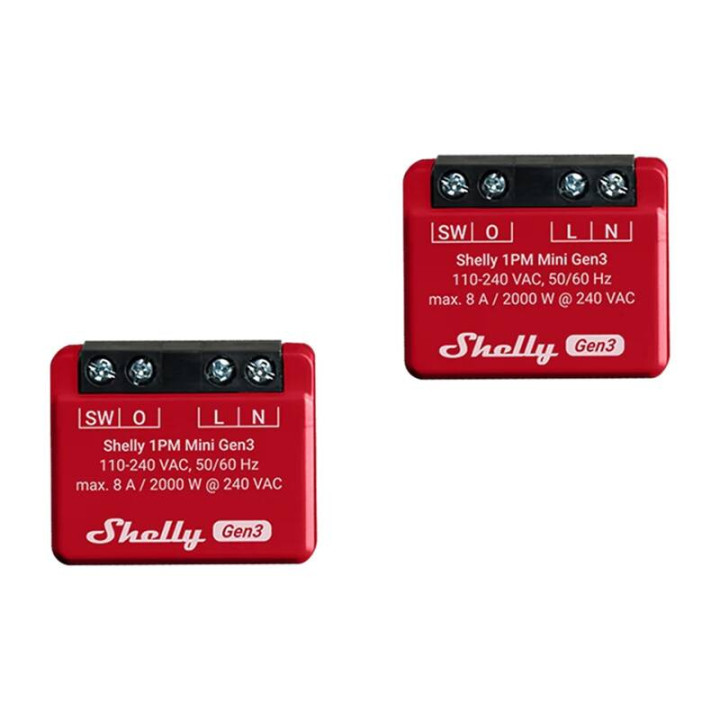 „Shelly 1PM Mini Gen3“ 2 valdiklių rinkinys, „WiFi“ / „Bluetooth“.