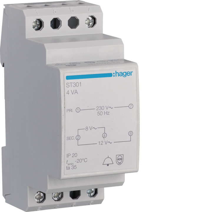 Hager ST301 Bell Transformer 4VA, 230V to 8-12V