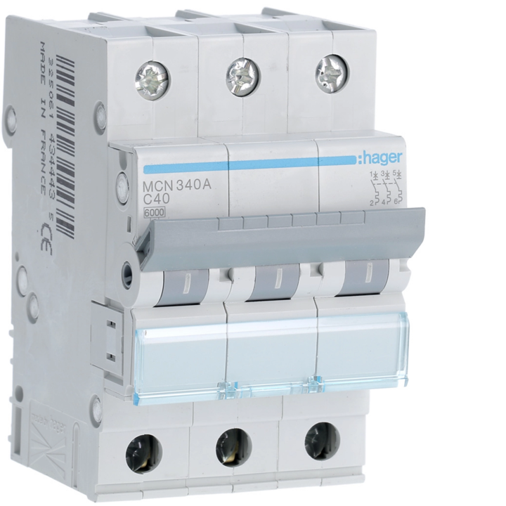 Hager MCN340 Miniature Circuit Breaker 3P, 6kA, C-Curve, 40A