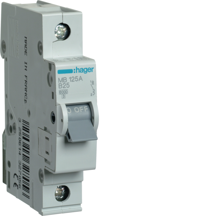 Hager MBS125 MCB 1P B-Curve 25A 6kA