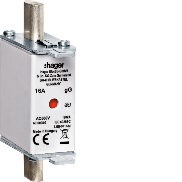 Hager LNH0016M NH000 gG 16A 500V Fuse Link with Central Indicator