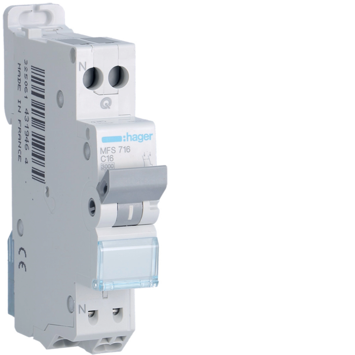 Hager MFS716 MCB 1P+N 3kA C-16A 1 Module