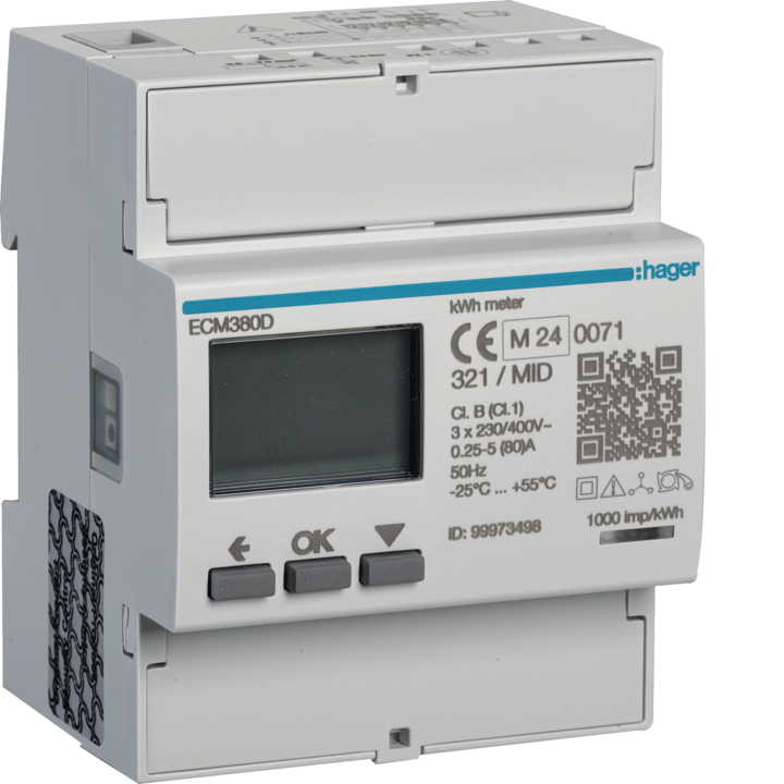 Hager ECM380D 3-Phase kWh Meter Direct 80A 4M MBUS MID