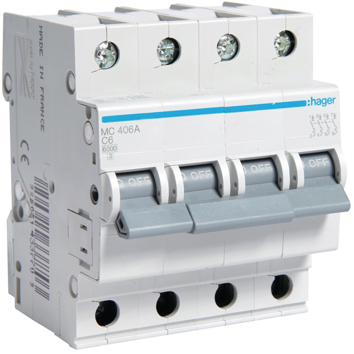 Hager MCN406 MCB 4P 6kA C-6A 4M
