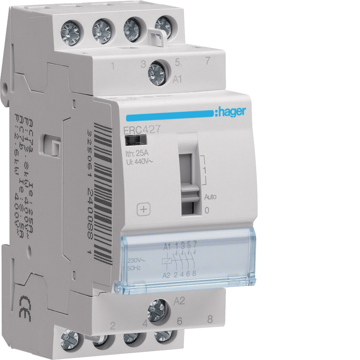 Hager ERC427 Override Contactor 25A 2NO+2NC 230V