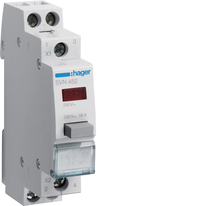 Hager SVN452 impulssipainike 1NO/NC punaisella merkkivalolla 230V AC