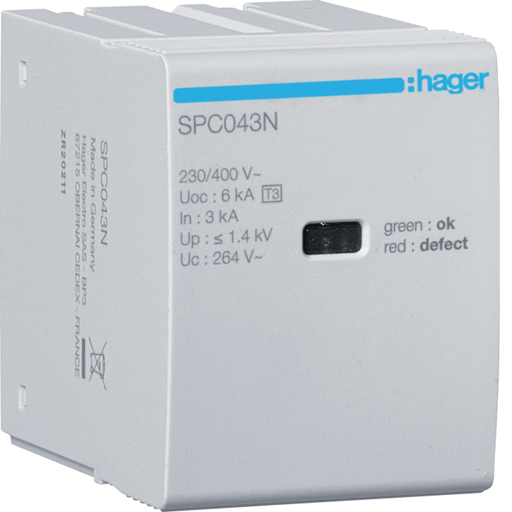 Hager SPC043N Type 3 N-PE Surge Protection Cartridge, Uc 264V, In 3kA