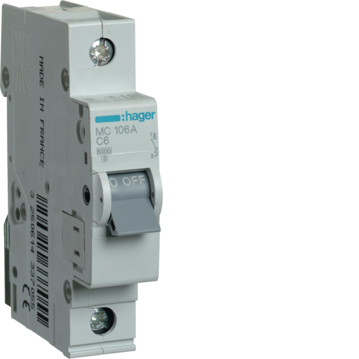 Hager MCS106 MCB 1P 6kA C-6A 1M