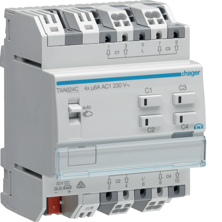 Выходное устройство Hager TXA624C для 4 жалюзи/штор, 230V AC