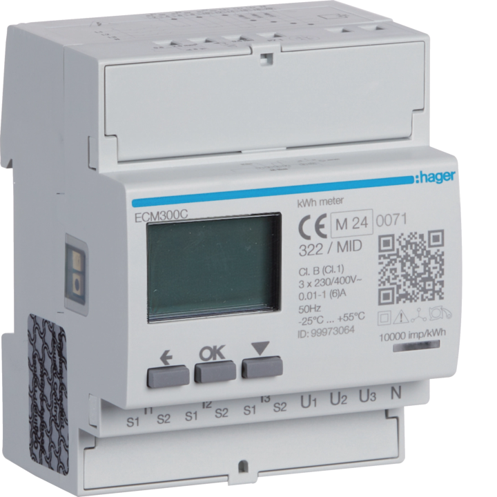 Hager ECM300C 3-Phase kWh Meter via CT 1-5A 4M M-Bus MID