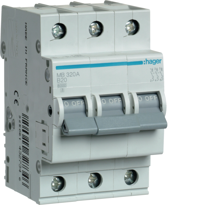 Hager MBS320 MCB 3P 6kA B-20A 3M