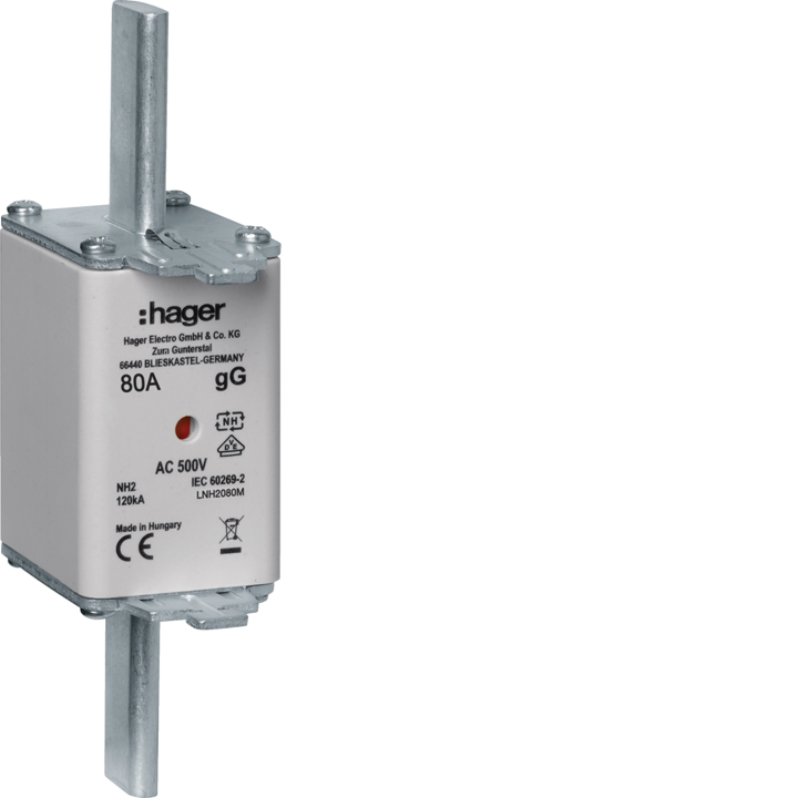 Предохранительный элемент Hager LNH2080M NH2 gG, 500V, 80A с центральным индикатором