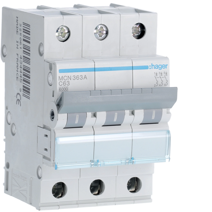 Автоматический выключатель Hager MCN363 MCB, 3P, 6kA, C-63A, 3M