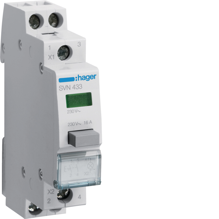 Hager SVN433 Latching 2NO PB Switch with Green Light 230V AC
