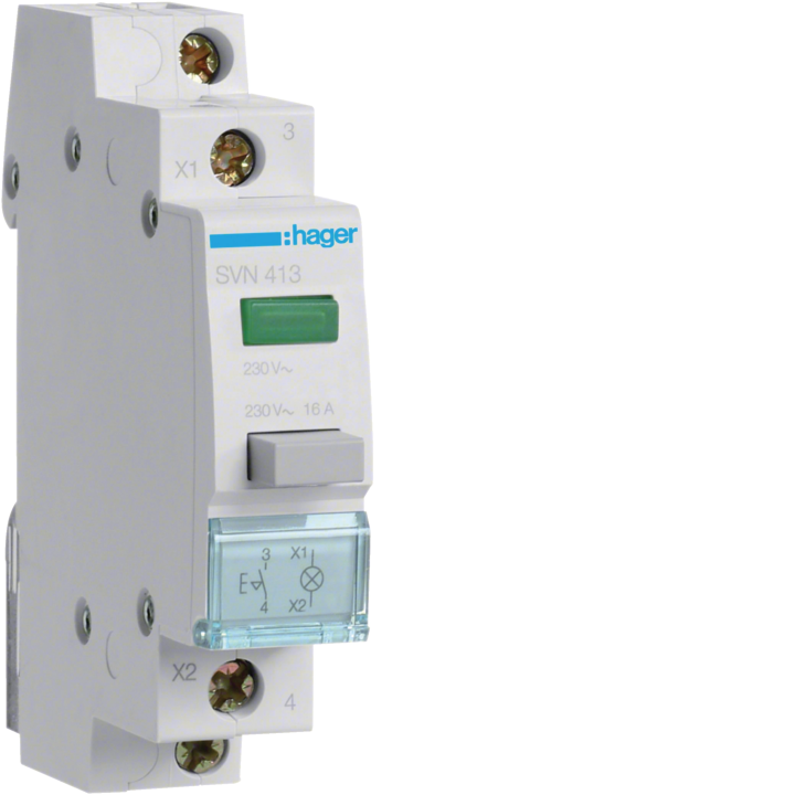 Кнопка Hager SVN413 с фиксацией, 1NO + зеленый индикатор, 230В AC