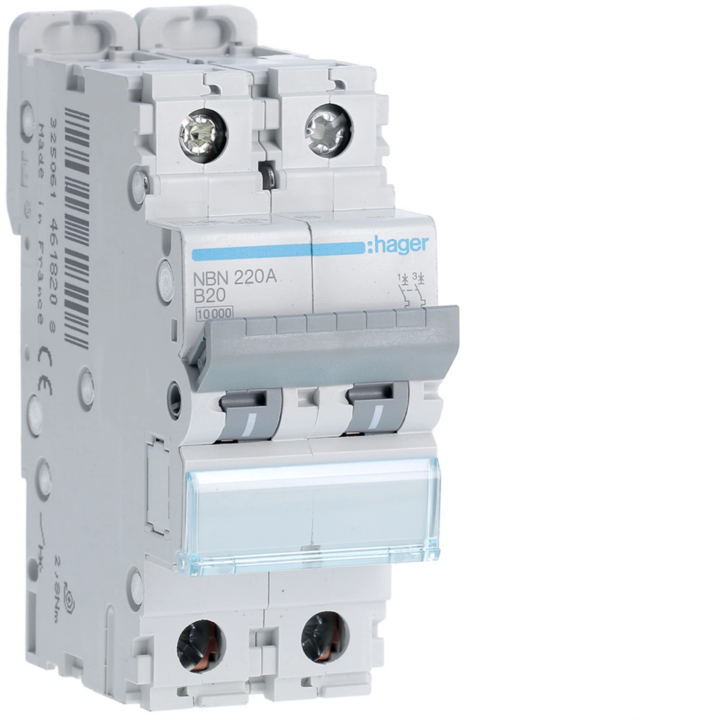 Hager NBN220 MCB 2P B-20A 10kA