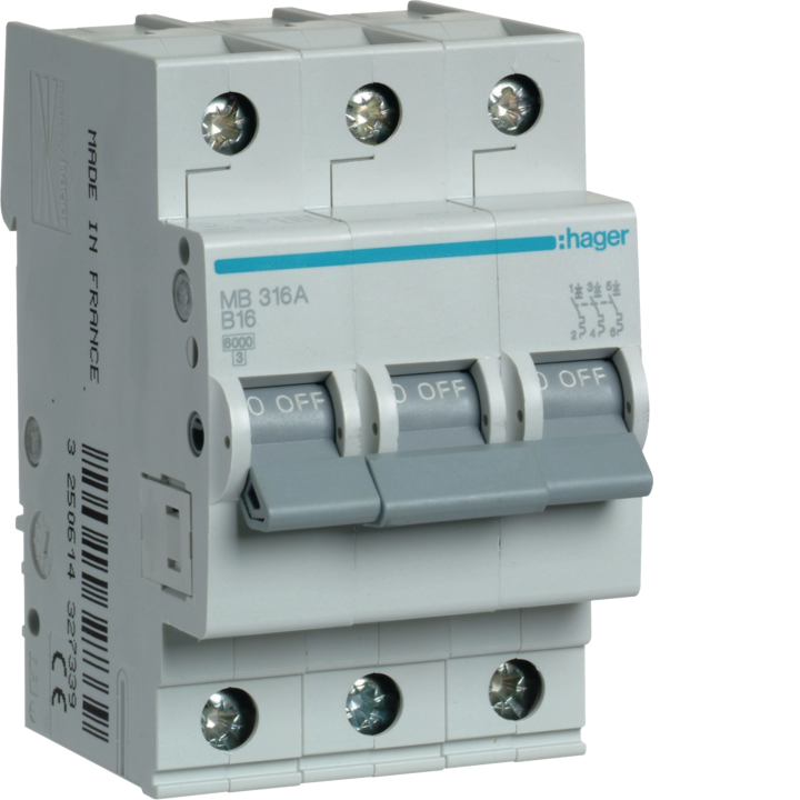 Hager MBS316 MCB 3P 6kA B-16A 3M