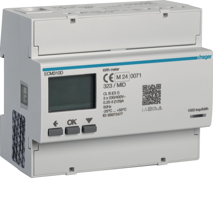 Hager ECM310D 3-Phase kWh Meter Direct 125A 6M MID