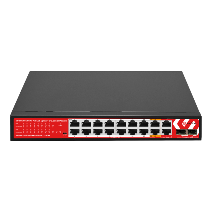 SAFIRE SF-SW16FE2GE2MGSFP-2BT-240W Managed PoE+ Switch, 16 PoE Ports, 2 Gigabit Uplink, 2 SFP, 240W