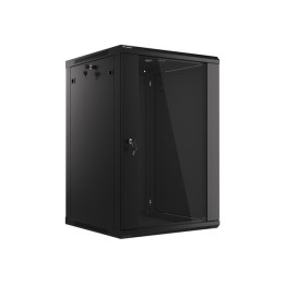 Lanberg 19 colių sieninė spintelė, 18U/600x600 V2 juoda, stiklinės durys (plokščias komplektas)