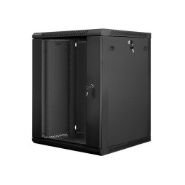 Lanberg 19 colių sieninė spintelė, 15U/600x600 V2 juoda, stiklinės durys (plokščias komplektas)