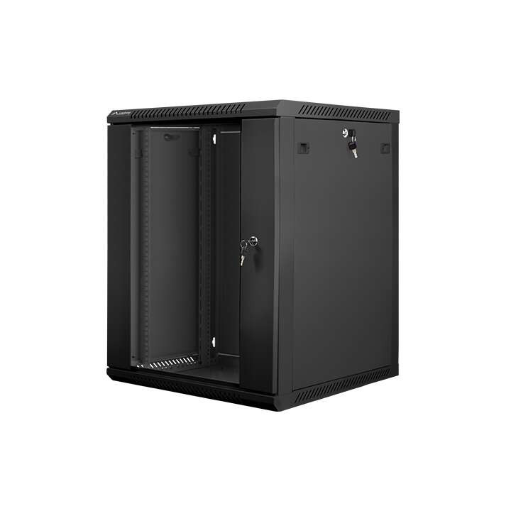 Lanberg 19 colių sieninė spintelė, 15U/600x600 V2 juoda, stiklinės durys (plokščias komplektas)