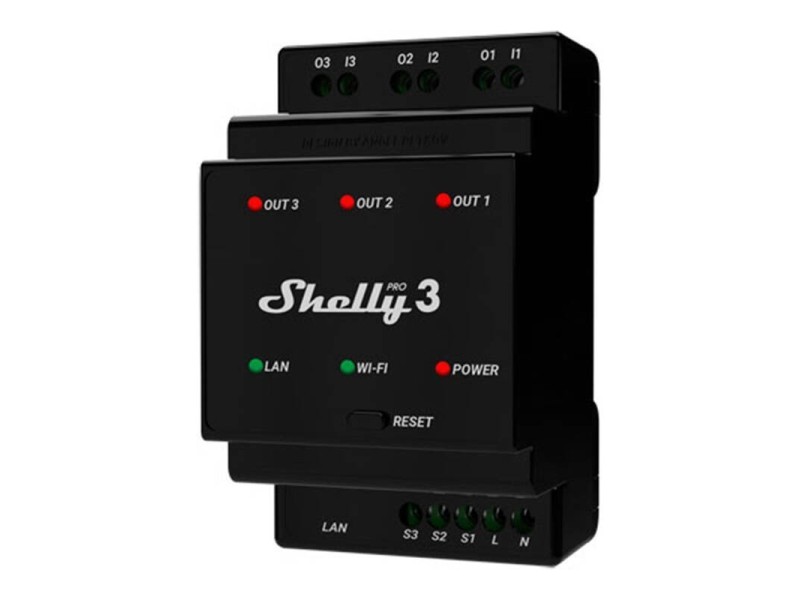 DIN Rail Smart Switch Pro 3 ar sausiem kontaktiem, 3 kanāli Shelly