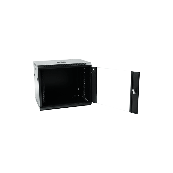 MARCA BLANCA RACK-9UN-6D 9U sieninė tinklinė spintelė 19 colių 600 mm gylio juoda su stiklinėmis durelėmis