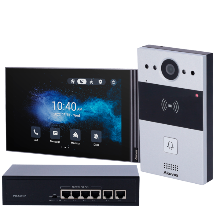 AKUVOX AK-KIT04-IP IP domofonu komplekts ar PoE – pilns komplekts ar āra paneli un iekštelpu monitoru