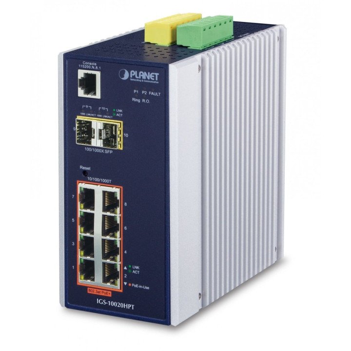 Planet IGS-10020HPT IP30 Промышленный L2+/L4 8-портовый 1000T 802.3at PoE + 2-портовый полностью управляемый коммутатор 1G/2,5G 