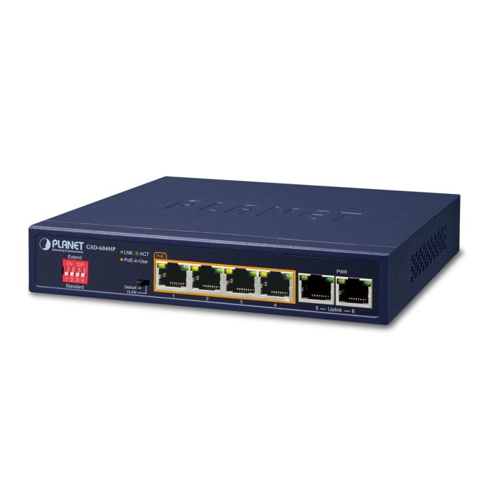 PLANET GSD-604HP 4-Port Gigabit PoE+ Switch with 2 Uplink Ports, 65W Budget