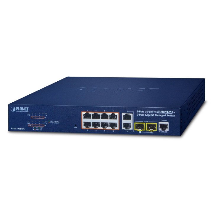 PLANET FGSD-1008HPS 8-Port 10/100TX 802.3at PoE + 2-Port Gigabit TP/SFP Combo Managed Ethernet Switch (120W, 250m Extend mode)