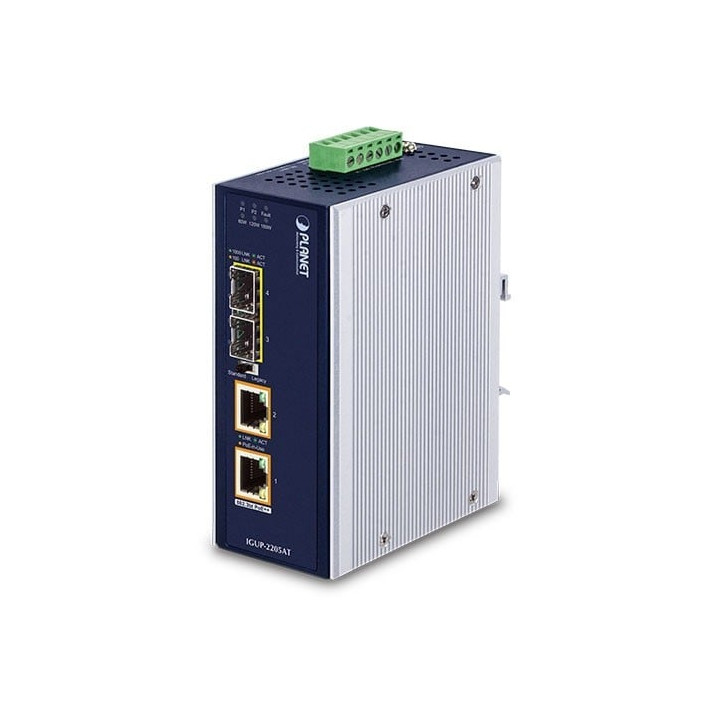 PLANET IGUP-2205AT Industrial 2-Port 100/1000X SFP to 2-Port 10/100/1000T 802.3bt PoE++ Media Converter