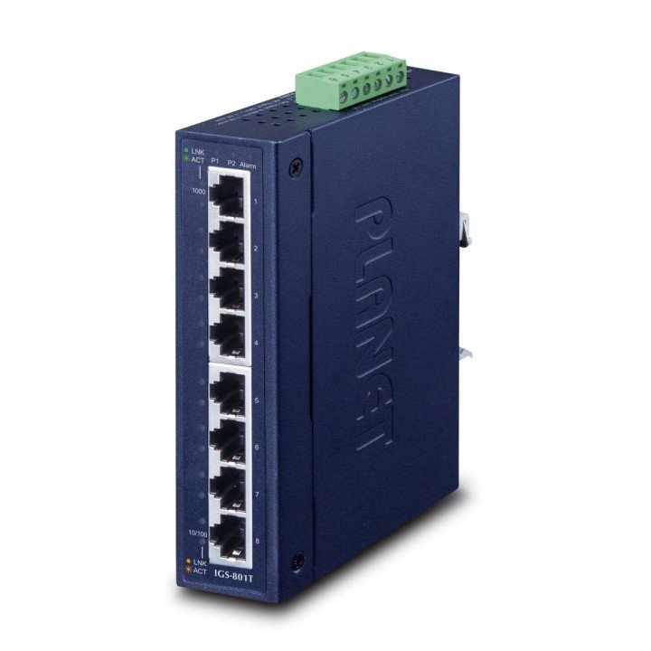PLANET IGS-801T IP30 Slim Type 8-Port Industrial Gigabit Ethernet Switch (-40 to 75°C), UL Certified