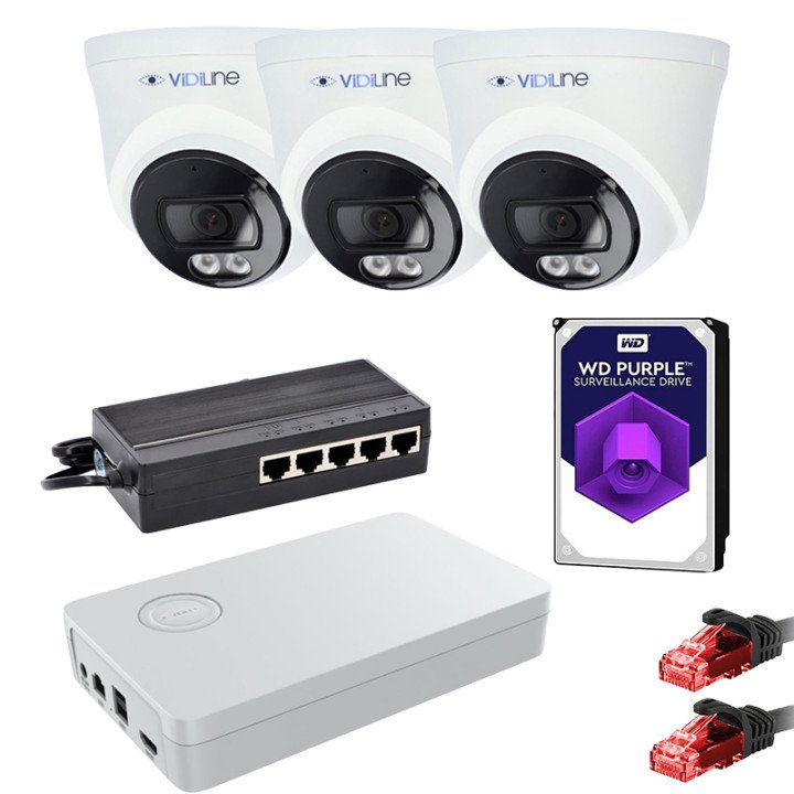 VidiLine ZES-14D-515-3 IP Camera Kit 3x 4Mpx Dome Cameras PoE Switch HDD 1TB