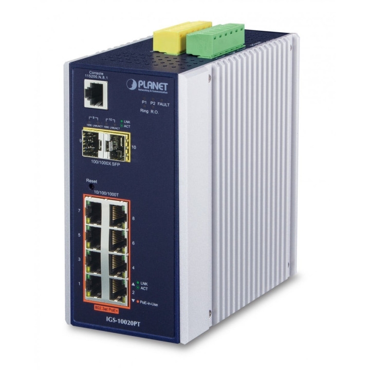 Коммутатор PLANET IGS-10020PT Industrial L2+/L4 Managed PoE+ Switch (8-Port Gigabit + 2-Port 1G/2.5G SFP, -40~75°C)