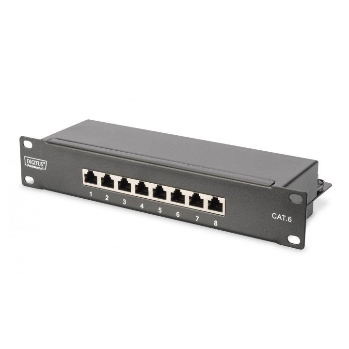 DIGITUS DN-91608S Cat 6 Class E Shielded Patch Panel, 8-Port RJ45, 1U 10-inch, Black