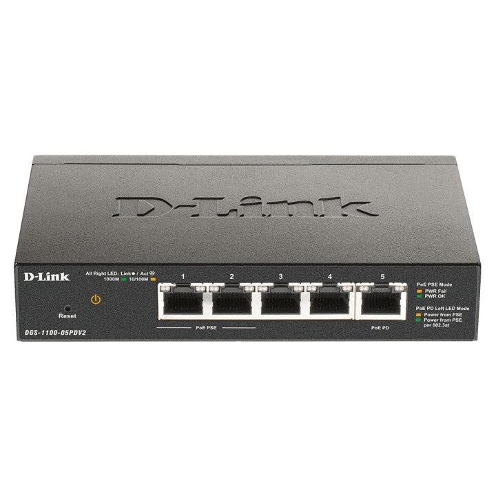 D-Link DGS-1100-05PDV2 Managed Gigabit PoE Switch, 5-Port, 10G/1G, Black