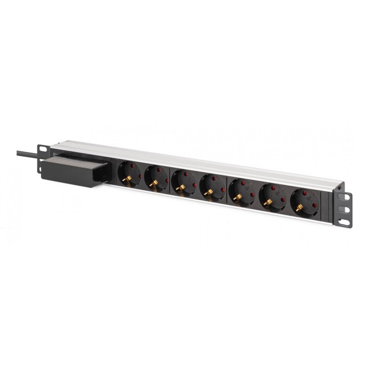 DIGITUS DN-95439 PDU Rack Power Strip 19" with Circuit Breaker, 7x Schuko, 1.8m Cable, 16A, Aluminum