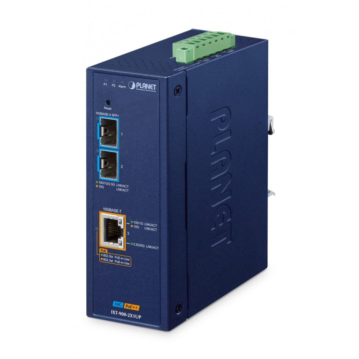 PLANET IXT-900-2X1UP Industriālais pārvaldītais PoE++ mediju pārveidotājs ar 2x 10G SFP+ un 1x 10G RJ45, 95W PoE budžets, IP40