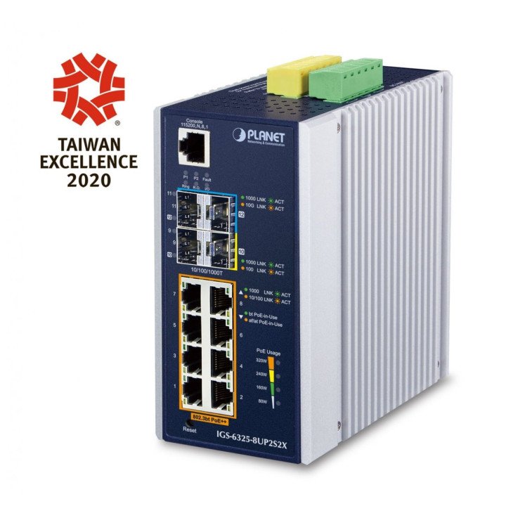 PLANET IGS-6325-8UP2S2X IP30 DIN-rail Industrial L3 8-Port 10/100/1000T 802.3bt PoE + 2-Port 1G/2.5G SFP + 2-Port 10G SFP+ Full 