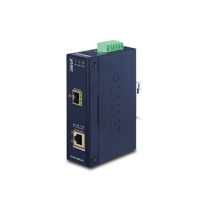 PLANET IGUP-805AT Промышленный 1-портовый 100/1000X SFP в 1-порт 10/100/1000T 802.3bt PoE++ медиаконвертер, 90W, -40 до 75°C, IP