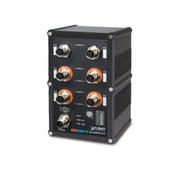 PLANET IGS-604HPT-M12 IP67 Industrial L2+ 4-Port Gigabit PoE+ Managed Ethernet Switch with M12 Connectors