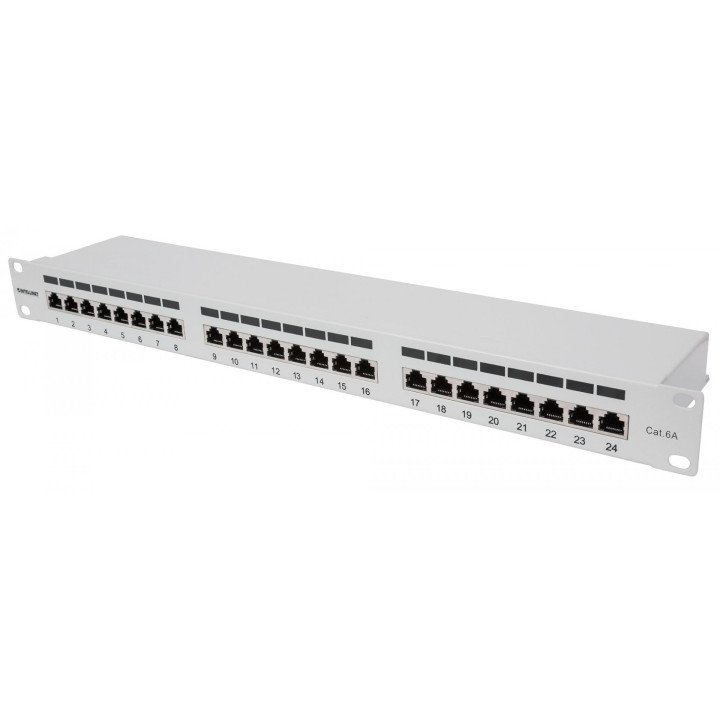 Intellinet Cat6a Shielded Patch Panel 24-Port FTP 1U 90 Degree Top-Entry Punch-Down Blocks Grey