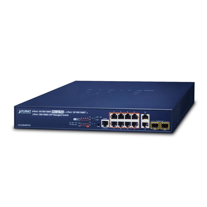 PLANET GS-5220-8P2T2S hallinnoitu PoE+ -kytkin 240W