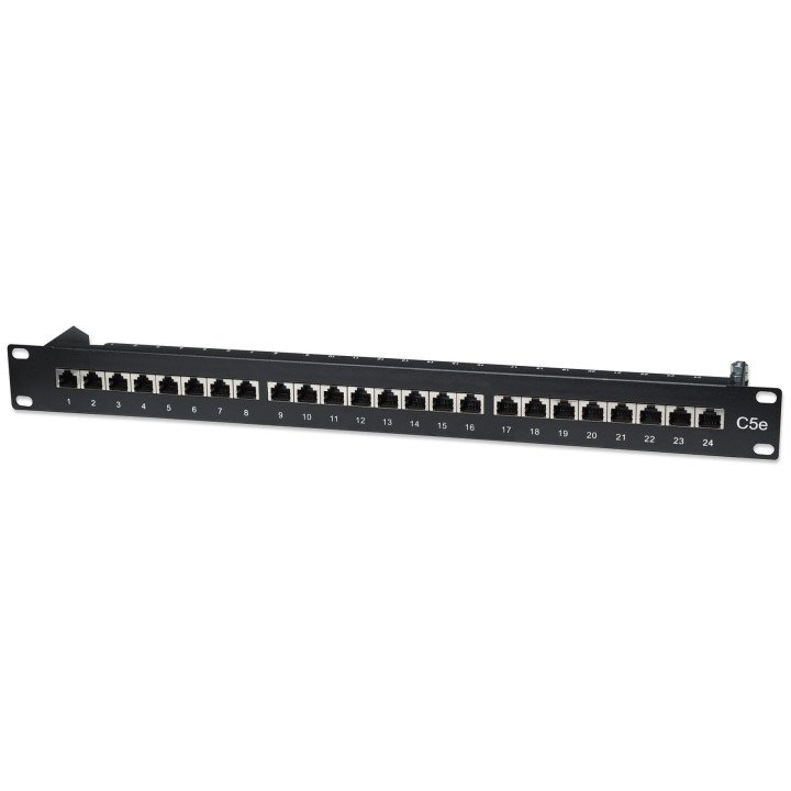 Патч-панель Intellinet, Cat5e, FTP, 24 порта, 1U, экранированная, прижимные блоки с верхним входом 90°, черный